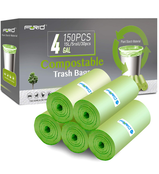 FORID 4 Gallon Garbage Bags, 150 Count, Unscented, Strong Trash Can Liners, 15 Liter Wastebasket Bags for Kitchen, Bathroom, Home Office, Green