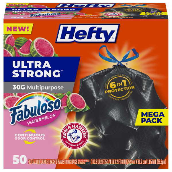 Hefty Ultra Strong 30 Gal Large Trash Bags, Fabuloso Watermelon, 50ct