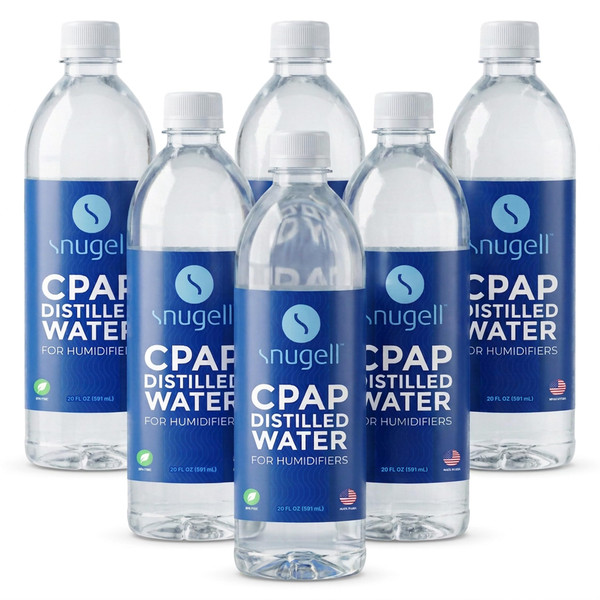 Snugell Travel Size Bottled Distilled Water for CPAP Machines, (6-Pack, 20oz Each) – Up to 12-Day Supply – Multi-Use, Travel-Friendly, Clean, Made in USA