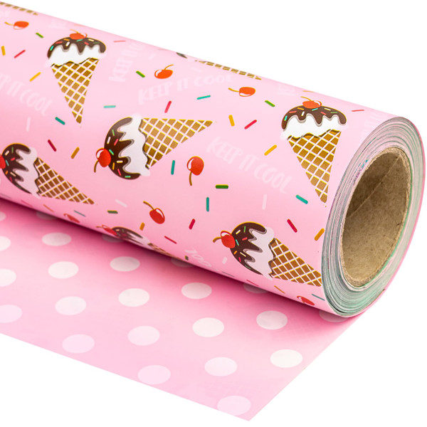 WRAPAHOLIC 30 Inch Reversible Pink Birthday Wrapping Paper - 30 Inch x 33 Feet - Ice Cream and Polka Dot Girls Birthday Wrapping Paper for Kids Girls, Baby Shower