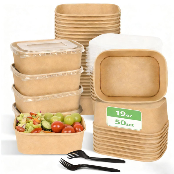 Peseojiar 50 Pack Disposable Meal Prep Containers, 19oz Disposable Large Paper Bowls with Lids and Forks for Salad, Noodles, Freezer and Microwavable Storage Use Cardboard Food Containers