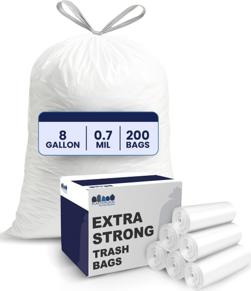 Plasticplace 8 Gallon Trash Bags -White Drawstring Garbage Can Liners - 200 Count - Leak-Resistant and Tear-Proof for Kitchen, Bathroom, Office, and Small Trash Cans 0.7 Mil