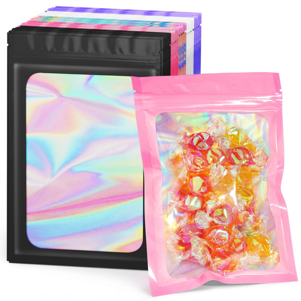 ANZNKU 100PCS Holographic Mylar Bags, Resealable Smell Proof 7.1x10.2