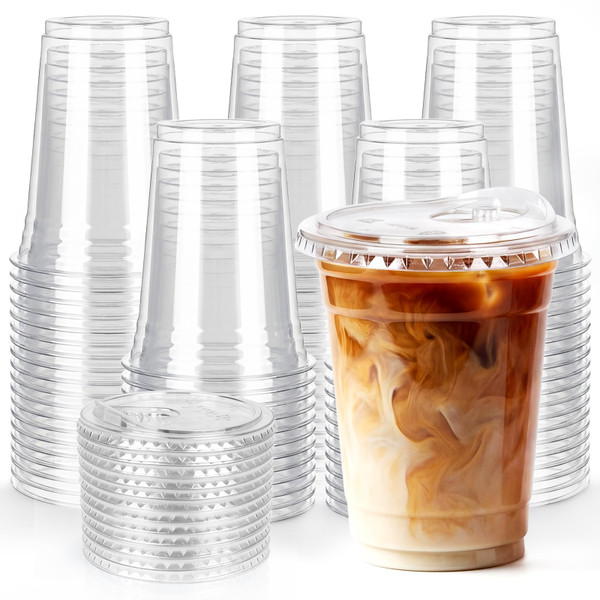 BISWYLBLJ 100 Pack 16oz Clear Plastic Cups with Lids