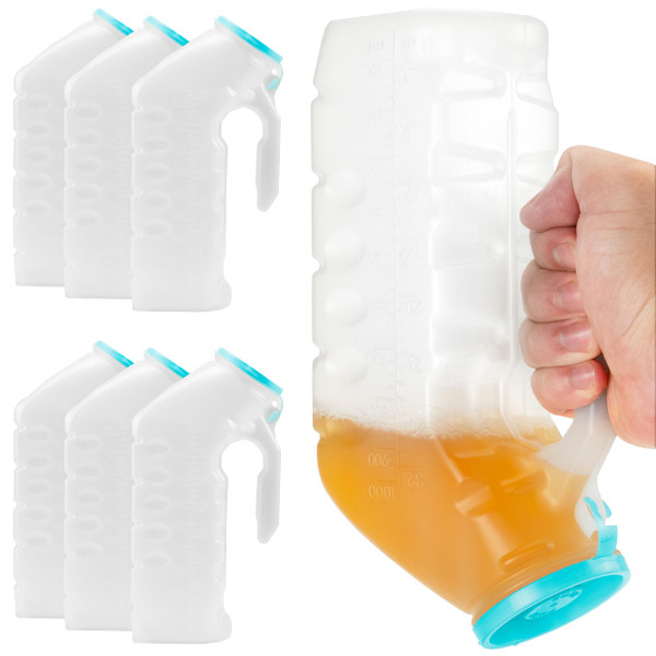 Stock Your Home Male Urinal with Glow in The Dark Lid (6 Bottles) 32 Oz Urine Bottle for Men - Pee Bottle for Hospitals, Emergency and Travel