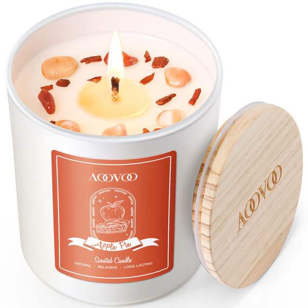 AOOVOO Apple Pie Scented Candles for Women - Aromatherapy Candle with Crystals Inside, 10oz Soy Candles for Home Scented, Birthday Gifts Christmas Day Candle for Mom Women