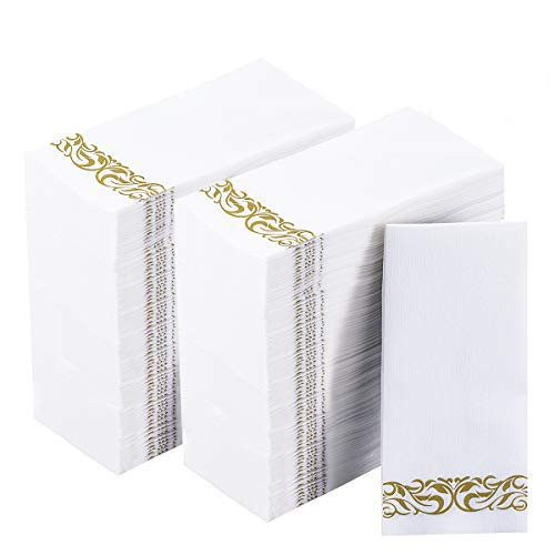 200 Disposable Hand Towels Soft and Absorbent Linen Feel Dinner Napkin Durable Decorative Bathroom Hand Napkins Good for Kitchen, Thanksgiving, Parties, Weddings, Dinners or Events White and Gold