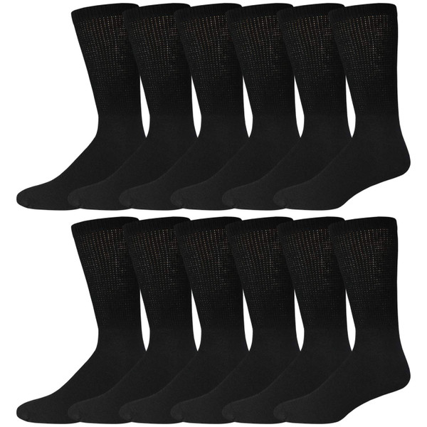 12 Pairs of Cotton Diabetic Neuropathy Crew Socks (10-13, Fits Mens Shoe Size 9-12, Black)