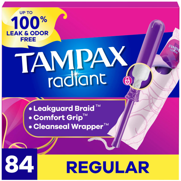 Tampax Radiant Tampons for Women, with LeakGuard Braid, Regular Absorbency, Unscented, 84 Count (3 Packs of 28), Packaging May Vary