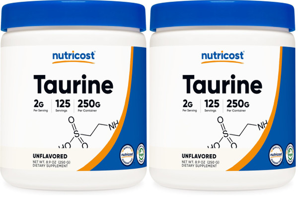 Nutricost Taurine Powder 250 Grams - 125 Servings, 2000mg Per Serving (Pack of 2)