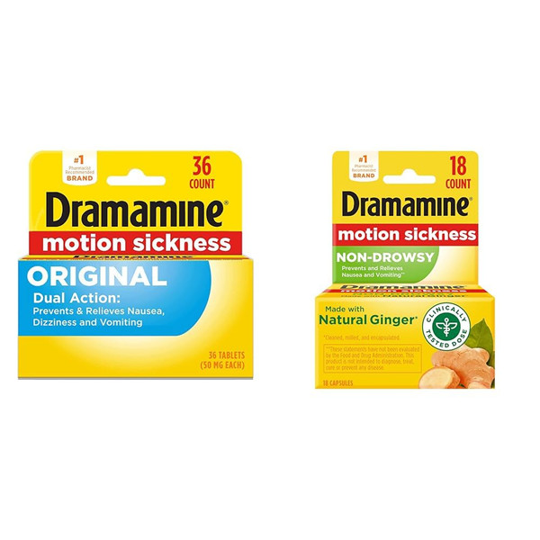 Dramamine Original, Motion Sickness Relief, 36 Count & Non-Drowsy, Motion Sickness Relief, Made with Natural Ginger, 18 Count