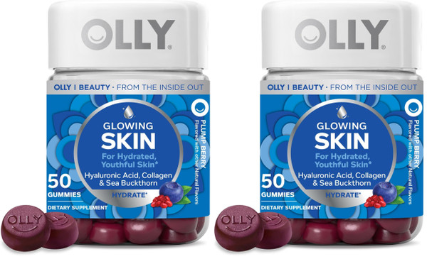 OLLY Glowing Skin Gummy, Hydrated & Youthful Skin,* Hyaluronic Acid, Collagen Peptides, Sea Buckthorn, Plump Berry Flavor, 25 Day Supply - 50 Count (Pack of 2)