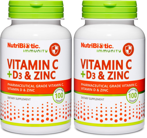 NutriBiotic – Vitamin C + Vitamin D3 & Zinc, 100 Capsules | Potent, Comprehensive Immune Support | Essential & Antioxidant Daily Supplement | Gluten & GMO Free (Pack of 2)