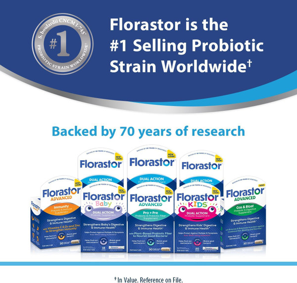 Florastor Advanced Gas and Bloat Probiotic, Digestive Enzymes and Botanicals, Plus Probiotics for Digestive Health, 30 Capsules