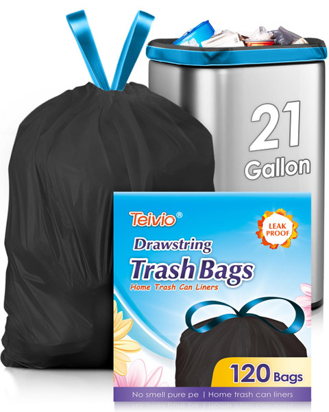 21 Gallon 120 Counts Strong Drawstring Trash Bags Garbage Bags by Teivio,Fit 20 Gal Bathroom Trash Can Bin Liners, Plastic Bags for home office kitchen, Black