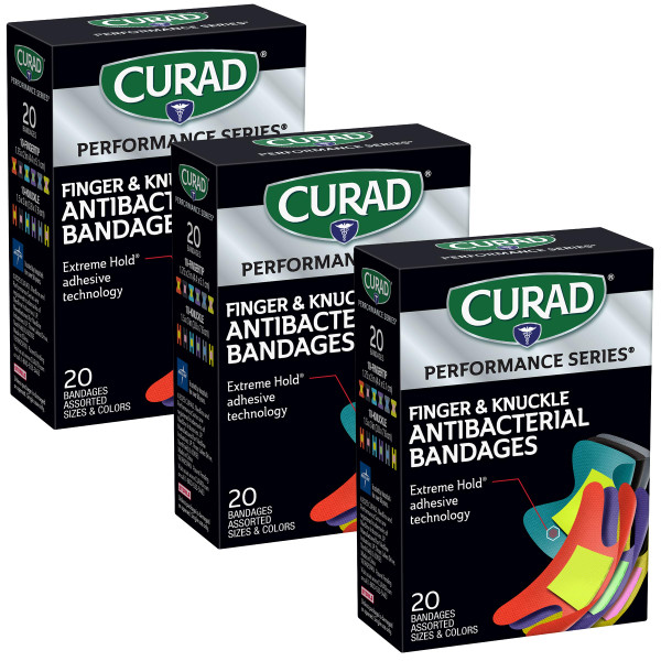 CURAD Performance Series Antibacterial Bandages, Extreme Hold Adhesive Technology, Finger & Knuckle Bandages, Flexible Fabric, Variety Pack with Assorted Sizes & Colors, 20 Count (Pack of 24)