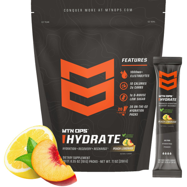 MTN OPS Hydrate Sugar Free Electrolyte Packets, Peach Lemonade