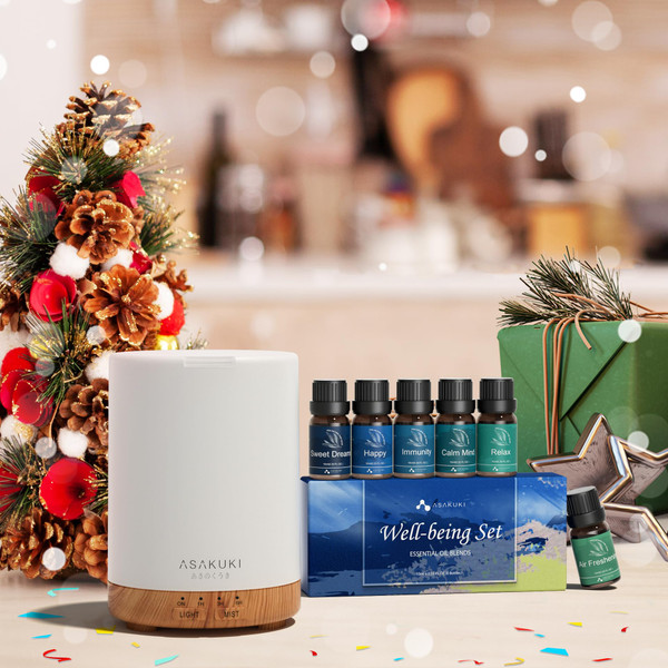 ASAKUKI Essential Oil Diffuser for Home, 300 ml Aromatherapy Diffuser with 6 Essential Oil Sets, Automatic Shut-Off, 7 LED Lights for Living Room, Kitchen, Bedroom, Hotel - Brown with Oils