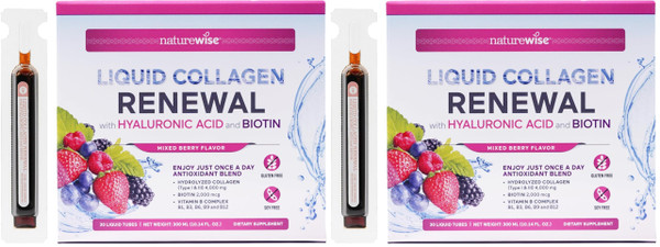 NatureWise Hydrolyzed Liquid Collagen for Women & Men 4000mg-High Absorption, Type 1&3 Peptides with Biotin + Vitamin C + B Complex & Hyaluronic Acid -Mixed Berry - 30 Tubes[30 Day Supply](Pack of 2)