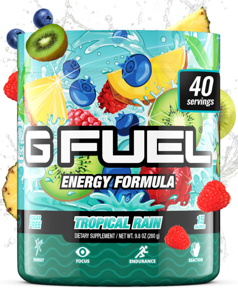 Gamma Labs G Fuel Tropical Rain Energy Drink Powder, Pre Workout Caffeine Mix for Gaming, Sugar Free Focus Amino, Vitamin + Antioxidants, 9.8oz Fruit Medley, 40 Servings