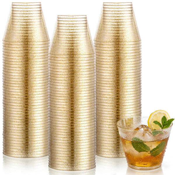 Hioasis Gold Glitter Cups, 200 Pack, 9oz, Disposable Party Cups
