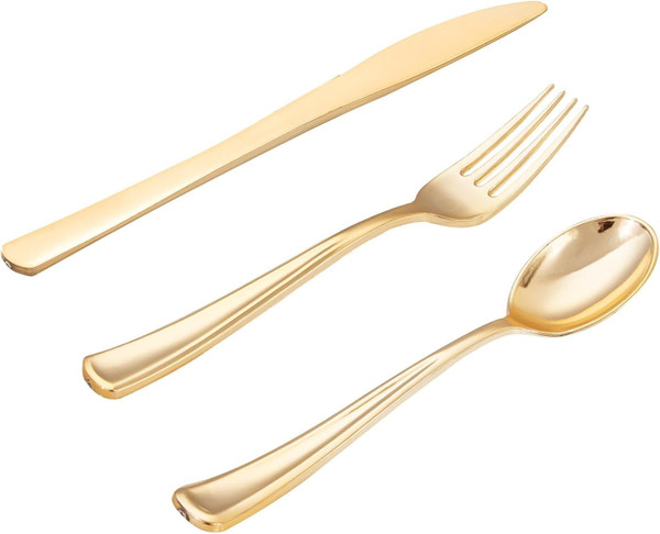 WDF 500PCS Gold Plastic Silverware Set Disposable - Gold Cutlery Set Plastic - 250Forks, 125 Spoons, 125 Knives for Party/Baby Shower/Wedding
