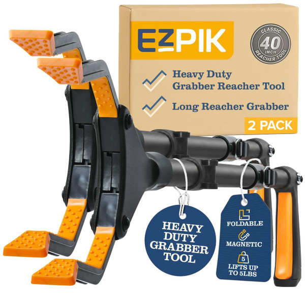 EZPIK Classic 40” Folding Grabber Reacher Tool with Dual Magnets, Heavy Duty Trash Picker Upper Grabber for Seniors & Disabled Users, Aluminum Pickup Tool for Everyday Reaching Aids (Black, 2 Pack)