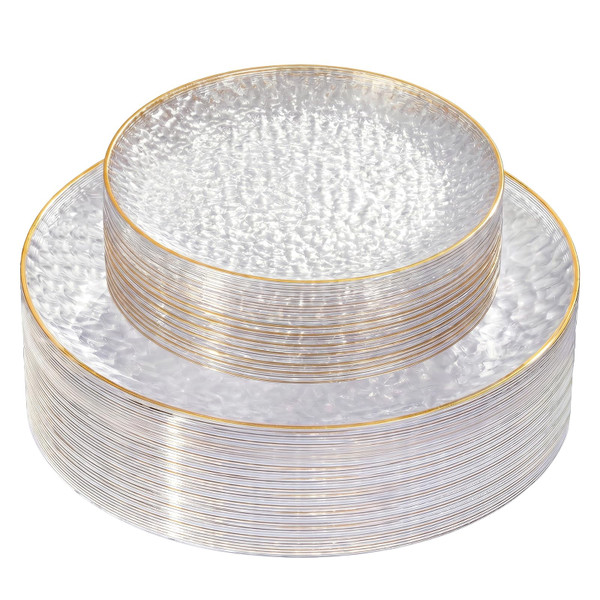 Rubtlamp 60Pcs Clear Plastic Plates,Clear Disposable Plates With Gold Rim,Heavy-duty Gold Plates,Hammered Party Plates Include 30Clear Dessert-Platos,30Dinner-Platos for Wedding, Party
