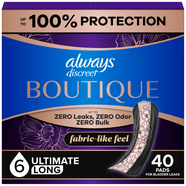 Always Discreet Boutique Incontinence Pads, for Bladder Leaks, Extra Heavy Absorbency, Long Length, 40 Count (2 Packs of 20)