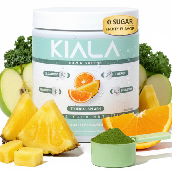 Kiala Nutrition Super Greens Powder with Spirulina & Chlorella for Digestion, Gut Health, Immunity, Adaptogens, Energy, Gluten Free, Vegan, Sugar Free, Tropical Splash, 30 Servings