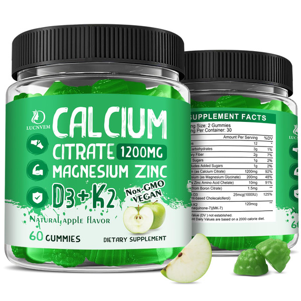 (2 Pack) Calcium Citrate 1200 mg with Vitamin D3 Gummies for Women & Men, Calcium Magnesium Zinc with Vitamin D3 K2 Supplement for Bone & Teeth Support, Natural Apple Flavor - 60 Day Vegan Supply