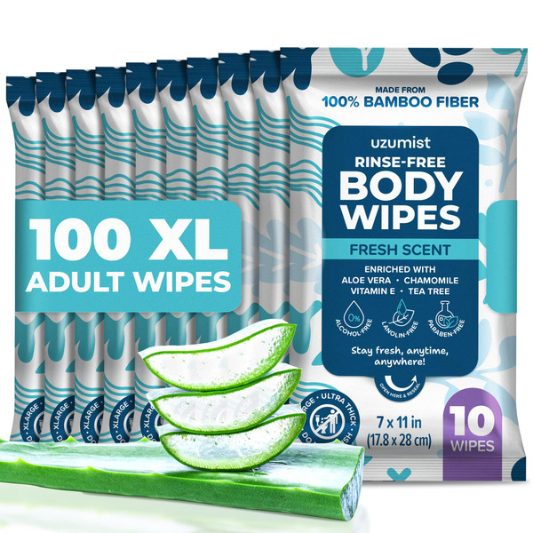 Body Wipes For Adults Bathing No Rinse - 100XL Thick Shower Wipes For Adults No Rinse, 10 Packs of 10 Adult Wipes for Men, Women, Personal Cleansing, Daily Hygiene, Bedridden & Elderly Care, Travel