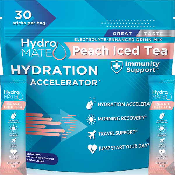 HydroMATE Electrolyte Powder Peach Iced Tea Hydration Packets Low Sugar 30 Count