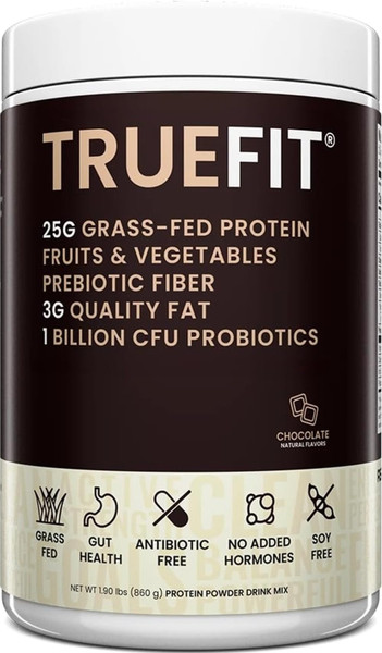 TrueFit Grass-Fed Whey Protein Powder + Fiber & Probiotics, Chocolate Shake