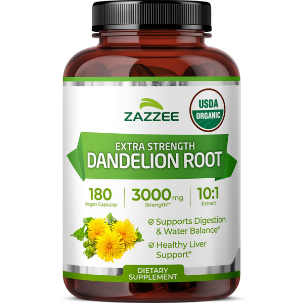Zazzee USDA Organic Dandelion Root 10:1 Extract, 180 Capsules