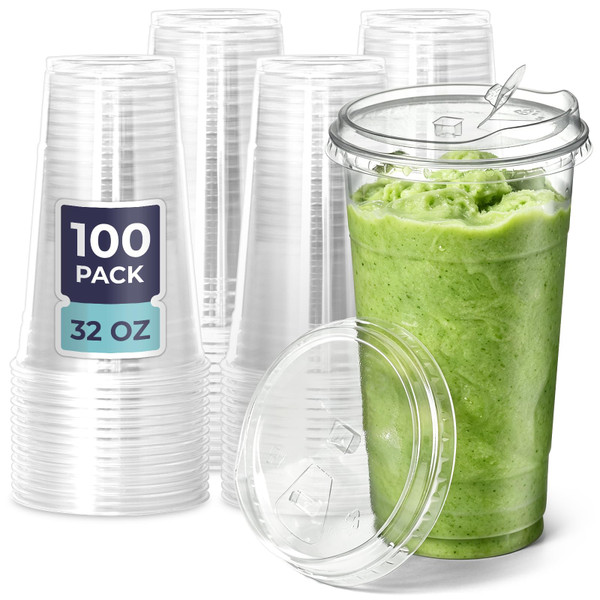 Fit Meal Prep 100 Pack 32 oz Clear Plastic Cups with Strawless Sip Lids, Disposable Plastic Coffee Cups with Lids, To Go Cups for Iced Coffee, Smoothies, Soda, Party Drinks, Bubble Tea, Cold Beverage