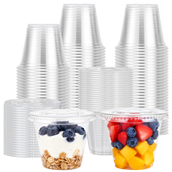 Lamosi 200 Pack 9 oz Plastic Cups with Lids, Disposable Clear Cups with Lid
