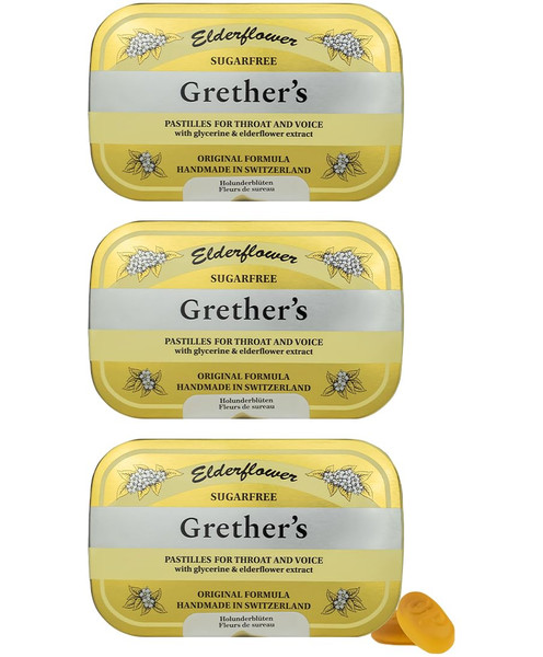 GRETHER'S Sugarfree Elderflower Pastilles, Dry Mouth, 2.1 oz, 3 Pack