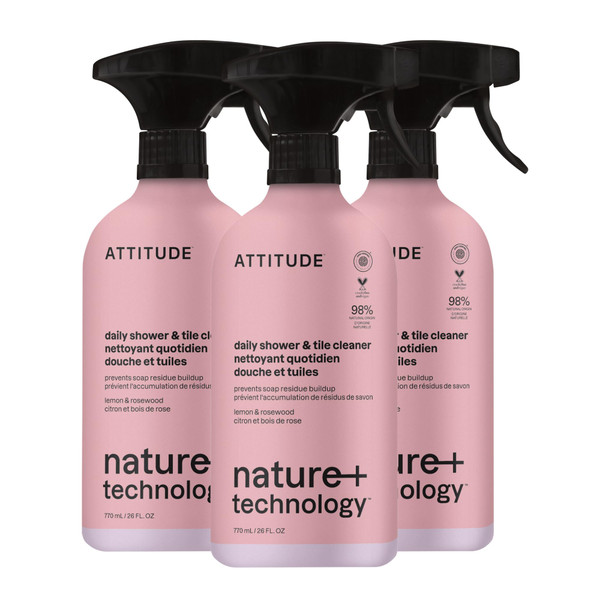 ATTITUDE Shower & Tile Cleaner Spray, EWG Verified, Bathroom Cleaner Removes Soap Scum & Grime, Plant-Based & Vegan, Lemon & Rosewood Scent, 26 Fl Oz (Pack of 3)