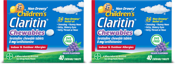 Claritin Children's Allergy Medicine, 24-Hour Non-Drowsy Loratadine 5mg Chewable Tablet, Antihistamine for Kids Ages 2 Years and Older, Grape Flavored, 40 Tablets, (Pack of 2)