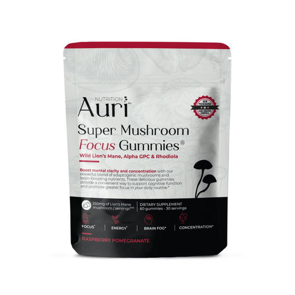 Auri Nutrition Super Mushroom Focus Gummies w/Lion's Mane, Alpha GPC & Rhodiola – Mushroom Supplement to Support Cognitive Function, Mental Clarity, Focus & Energy, 60 Gummies, Vegan Friendly, Non GMO