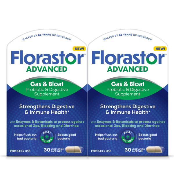 Florastor Advanced Gas & Bloat Probiotic, 30 Capsules (Pack of 2)