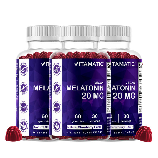 Vitamatic Melatonin 20 mg Gummies, Vegan, Strawberry, 60 Count - 3 Pack