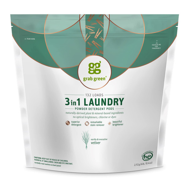 Grab Green 3-in-1 Laundry Detergent Pods, 132 Count, Vetiver