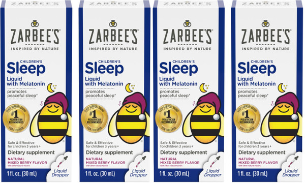 Zarbee's Kids Sleep Supplement Liquid with 1mg Melatonin; Drug-Free & Effective; Easy to Take Natural Berry Flavor for Children Ages 3 and Up; 1 Fl Oz Bottles,(Pack of 4)