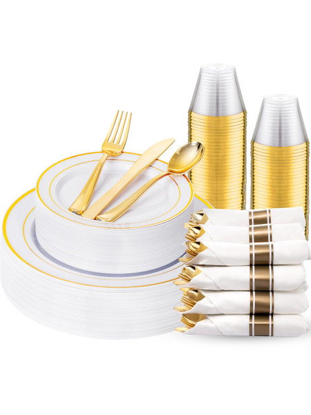 WDF Partyware 175PCS White and Gold Plastic Plates - Gold Plates with Rolled Napkins for Party - 25Guest Disposable Dinnerware Sets for Wedding/Baby Shower/Birthday