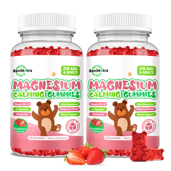Kids Magnesium Glycinate Gummies, Magnesium Supplement with L-Theanine, Vitamin B6, D3 for Kids & Adults, Calm Magnesium for Sleep Relaxation,Brain,Bones,Sugar Free Strawberry 120ct