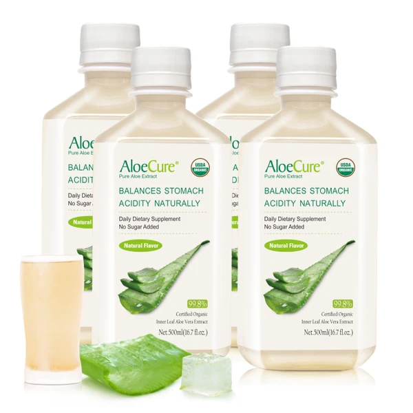 AloeCure USDA Organic Aloe Vera Juice Made Within 12 Hrs of Harvest - Pure Aloe Juice Natural Digestive Supplement to Support Digestion, Immune System and Balanced Stomach Acidity, 4 x 500ml Bottles