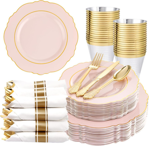 Liacere 175PCS Pink Plates Disposable - Pink and Gold Plates 25guest Baroque Plastic Dinnerware include 50Plates, 25Pack Pre Rolled Napkins with Silverware 25Cups Perfect for Wedding & Party
