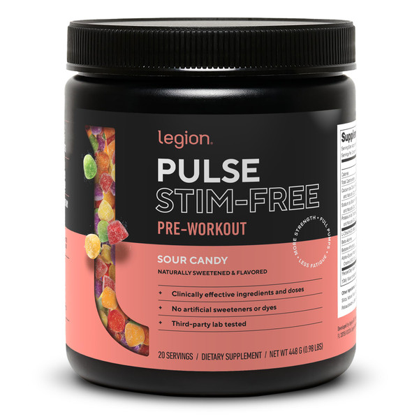 LEGION Pulse Pre Workout Supplement - All Natural Nitric Oxide Preworkout Drink to Boost Energy, Creatine Free, Naturally Sweetened, Beta Alanine, Citrulline, Alpha GPC (Caffeine Free Sour Candy)